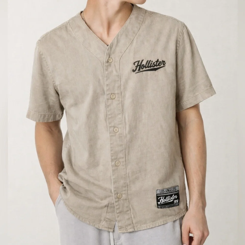 Hollister Tan Baseball Button Shirt Men’s Size L Short Sleeve